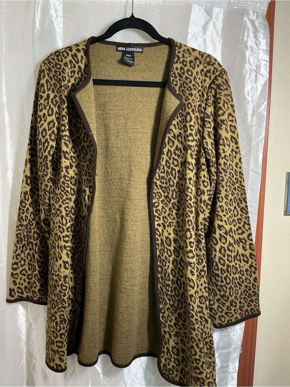 Nina Leonard Leopard Jacquard Open Cardigan in Tan and Brown